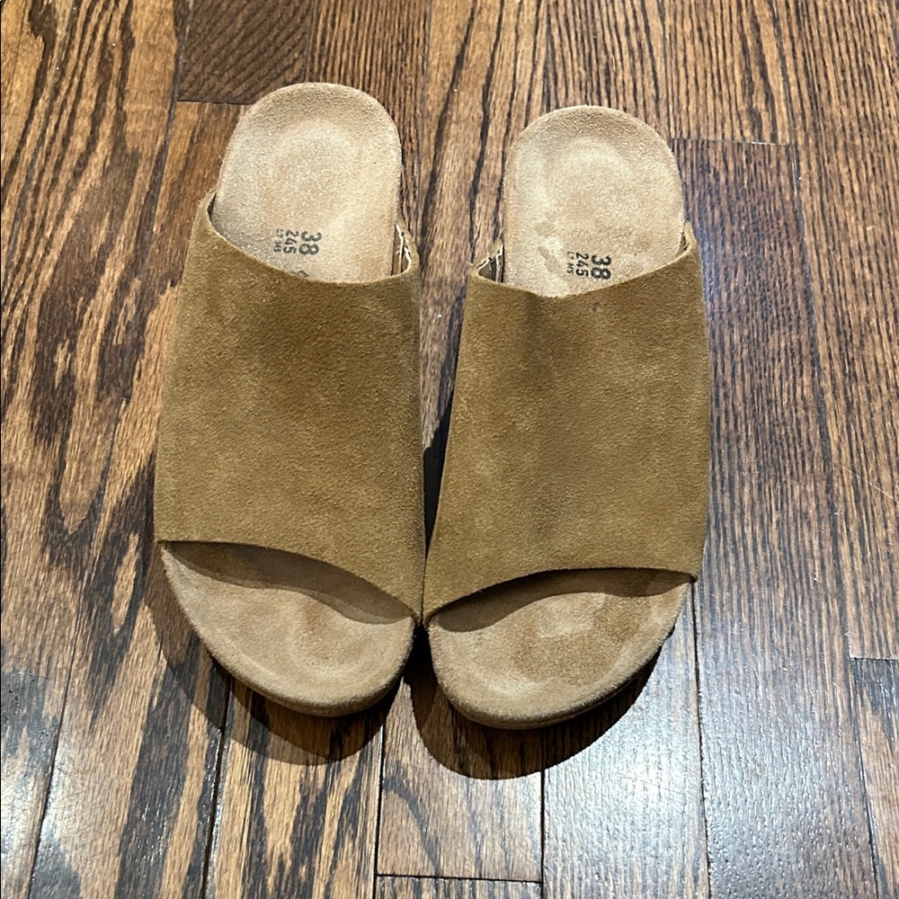 Papillio by Birkenstock Namica Tan Suede Wedge Slide Sandals - 38 (Worn Once)